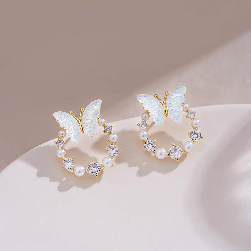Silver Needle Circle Butterfly Studs Women's Design Sense