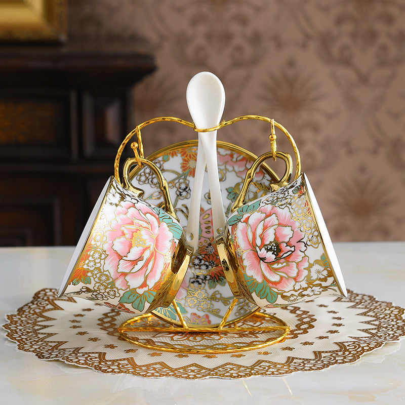 Gold-plated Edge Creative Household Tea Set Ceramic Mug Plate Rack Suit
