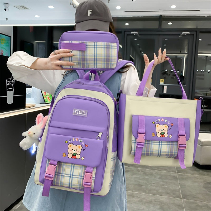 Large Capacity High School Plaid Three-Piece Set Junior High School Student Elementary School Studebt Backpack