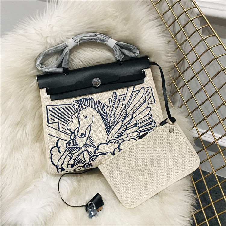 Classic Kelly Canvas With Leather Shoulder Diagonal Hand-Held Pegasus Graffiti Fashion Leather Handbags