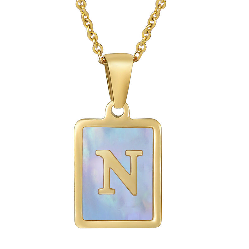 Titanium Steel 26 English Letter Necklace Blue Shell