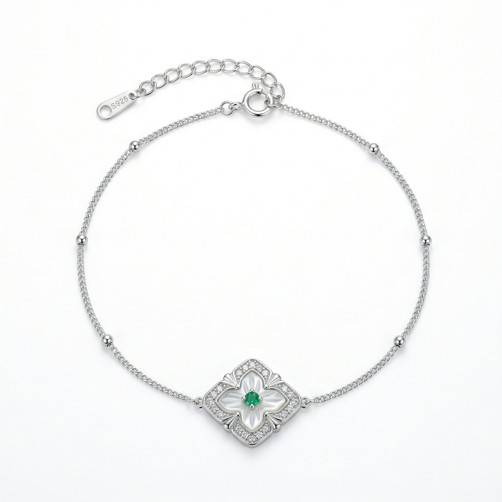 925 Sterling Silver Elegant Sterling Silver Clover Bracelet with Mother of Pearl and Green Gemstone