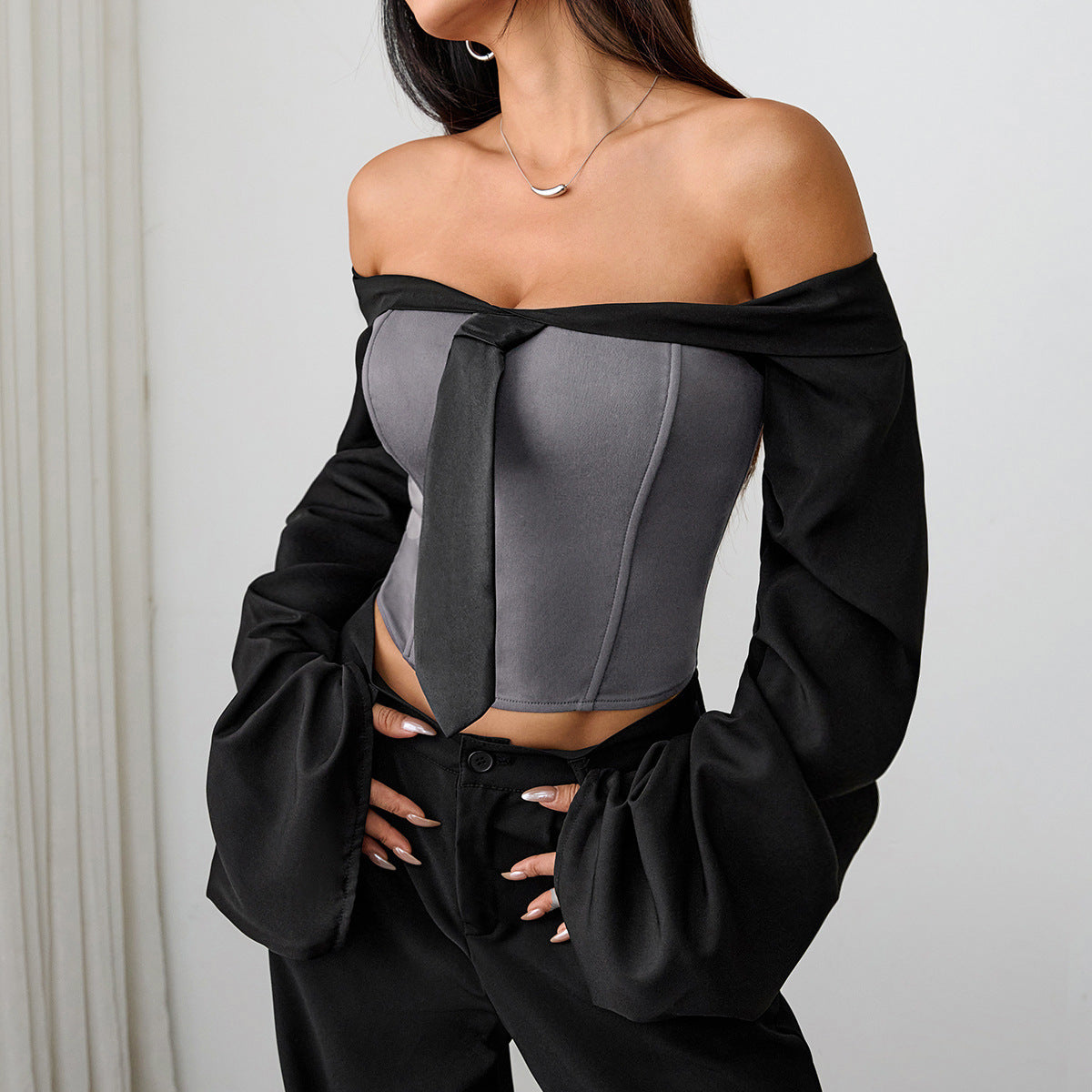 Women's Slim-Fit Tie-Neck Tube Top With Fishbone Design