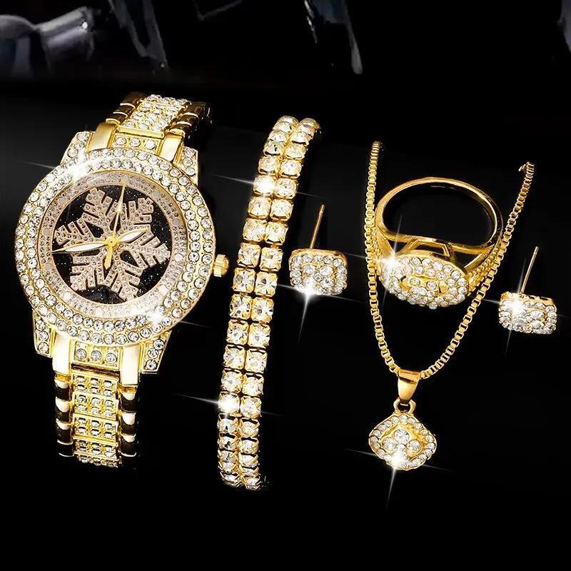 Snowflake Pattern Watch Luxury Full Rhinestone Jewelry Five-Piece Set