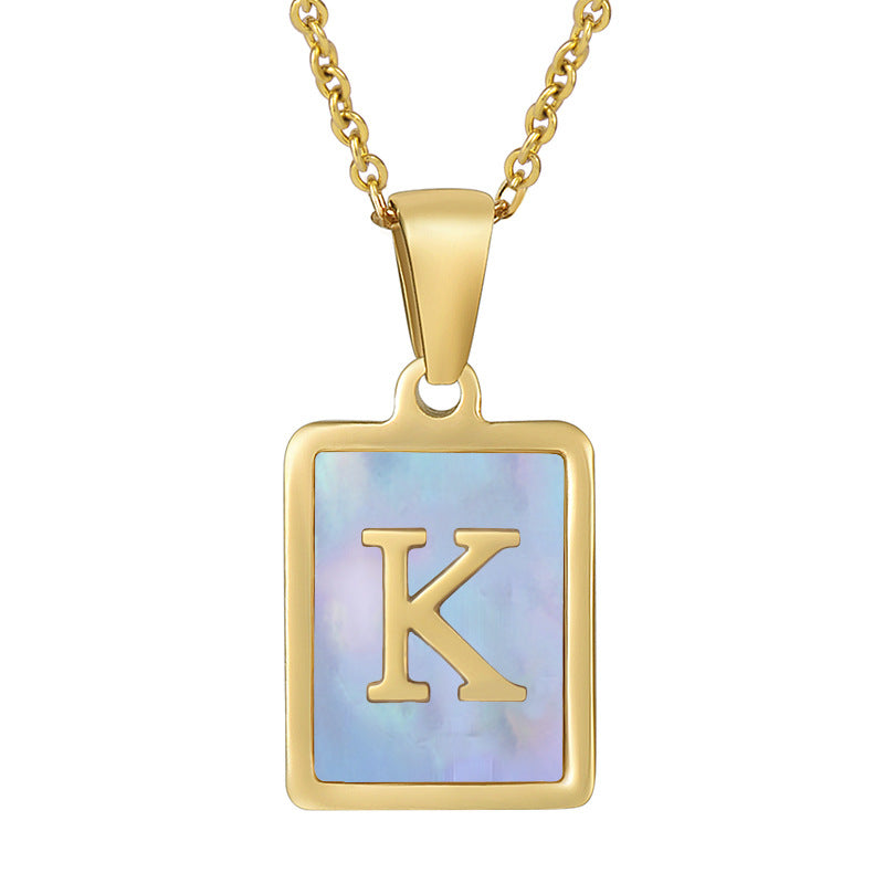 Titanium Steel 26 English Letter Necklace Blue Shell