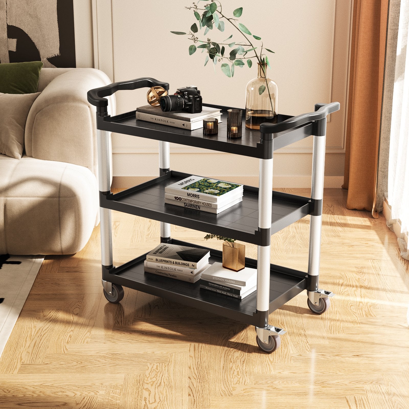 Heavy Duty Utility Cart 500 Lbs Capacity 3-Tier Service Cart With Wheels