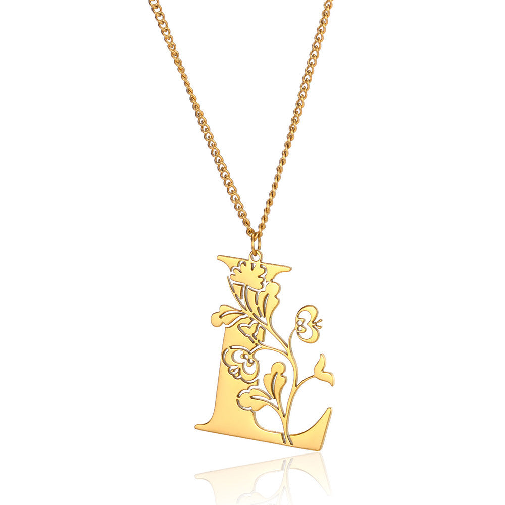 Stainless Steel 26 English Flower Letter Necklace