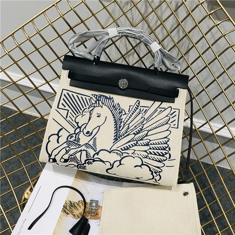 Classic Kelly Canvas With Leather Shoulder Diagonal Hand-Held Pegasus Graffiti Fashion Leather Handbags