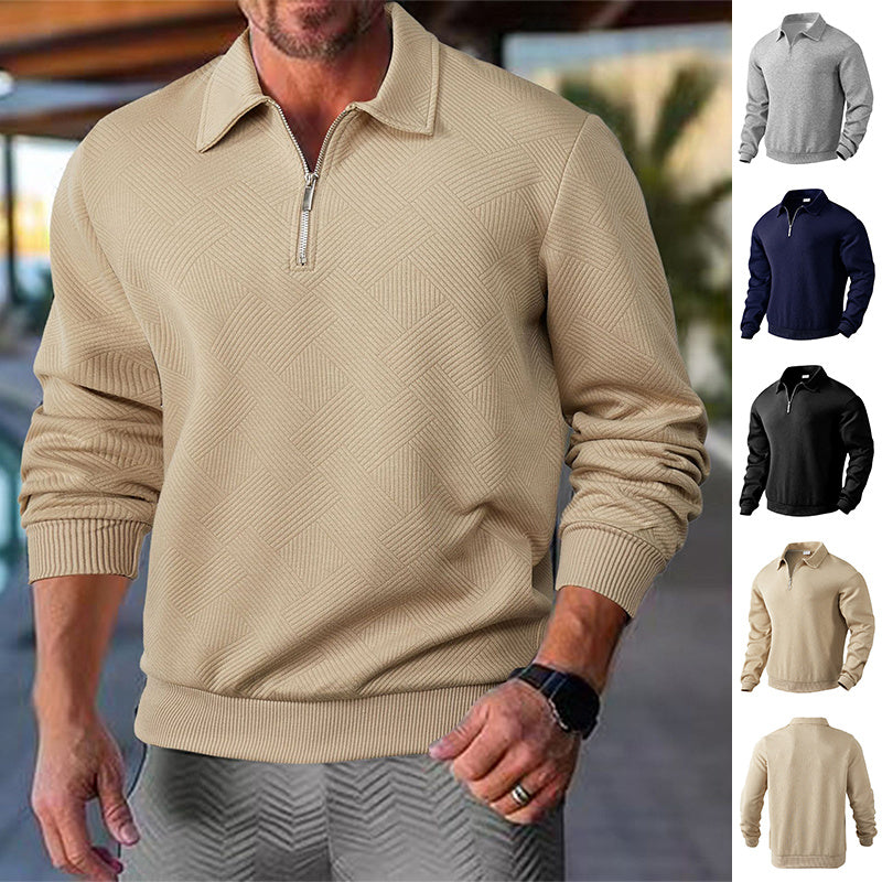 Lapel Jacquard Half-Zipper Sweatshirt Fashion Solid Color Long-Sleeved Tops For Men Clothing
