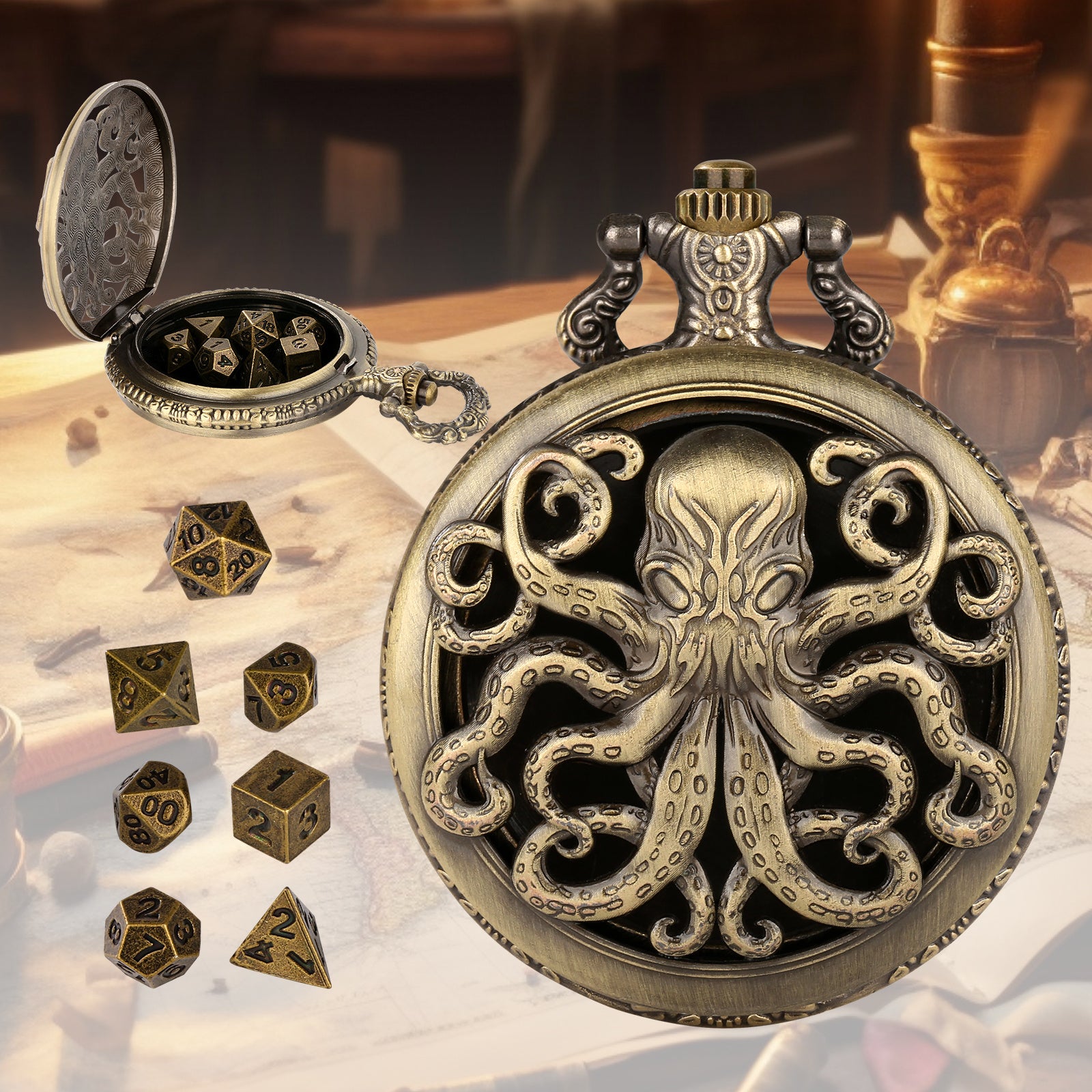 Thick Chain Octopus Symmetrical Pocket Watch Set And Mini DND Dice Set, Equipped With 7 Game Polyhedral Metal Dice Dragons And Dungeon Tabletop Role-playing Game Dice