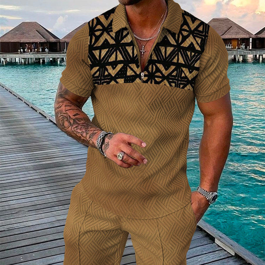 Men's Summer Fashion 3D Printed Short Sleeve Geometric Zip Lapel Shirt Set
