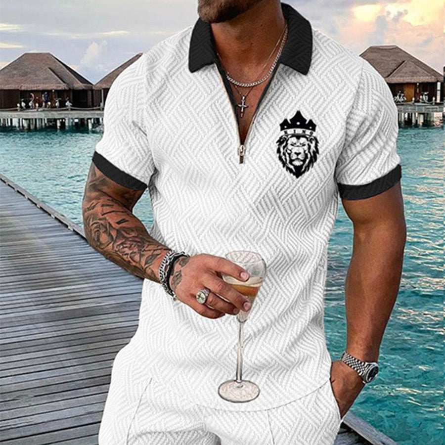 Men's Summer Fashion 3D Printed Short Sleeve Geometric Zip Lapel Shirt Set