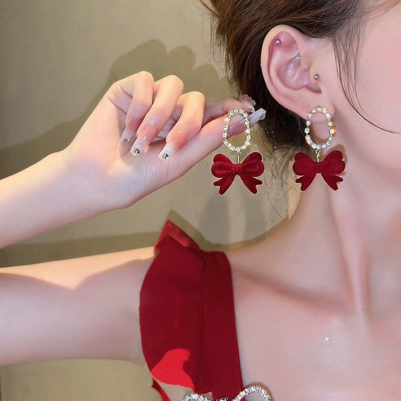 Burgundy Velvet Bow Earrings Niche Design