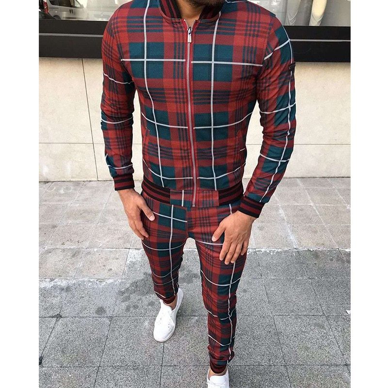 New Men's Leisure Suits Tracksuits Men Grid Two-Piece Patchwork Zipper Tracksuits Small Leg Trouser Sportswear New Man Sets