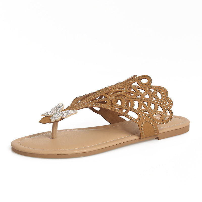 Slip-on Flip-Toe Sandals Women's Rhinestone Hollow Flat-Heeled Slippers