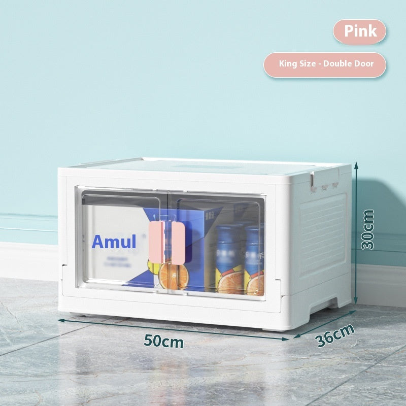 Folding Storage Box Transparent Side Double-Door Storage Cabinet with Wheels