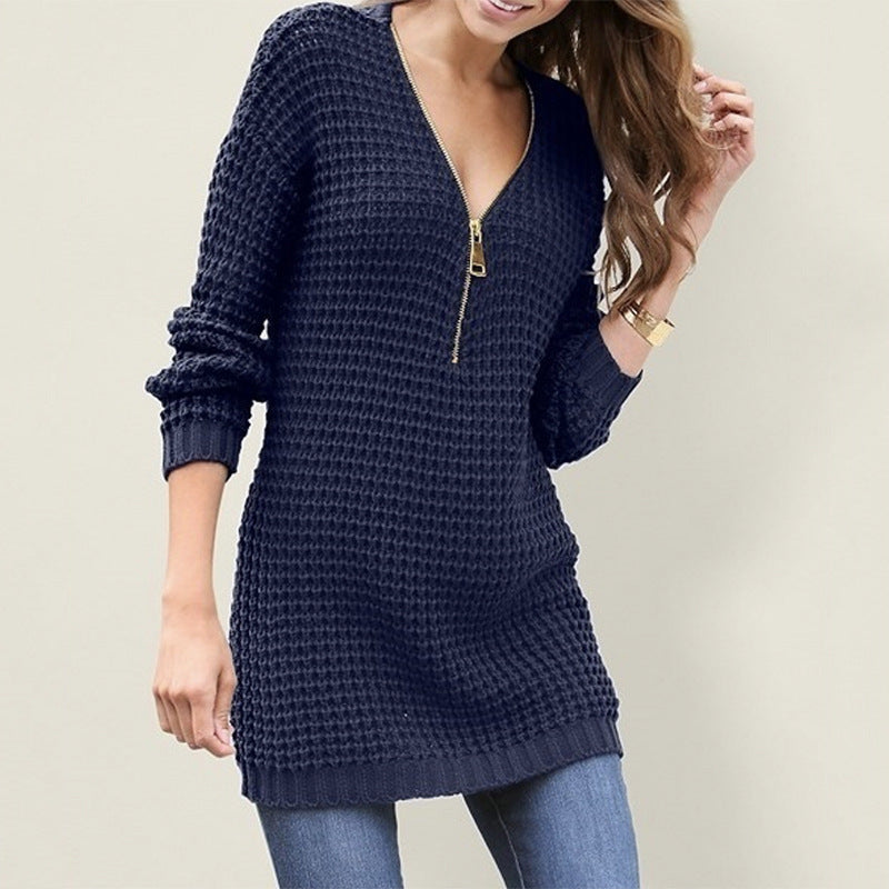 Zip V-Neck Sweater Dress