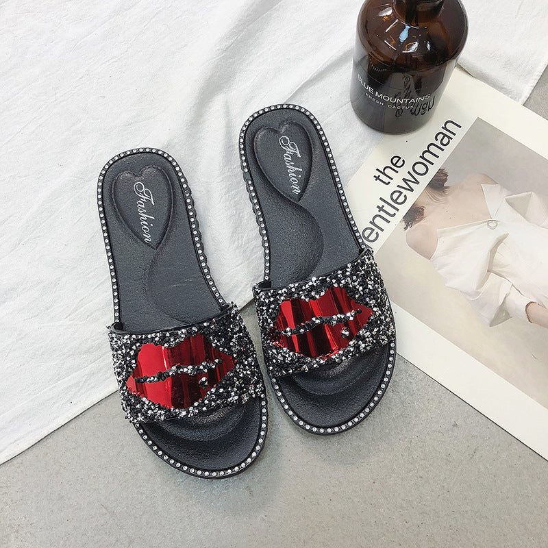 Lip Rhinestone Slippers