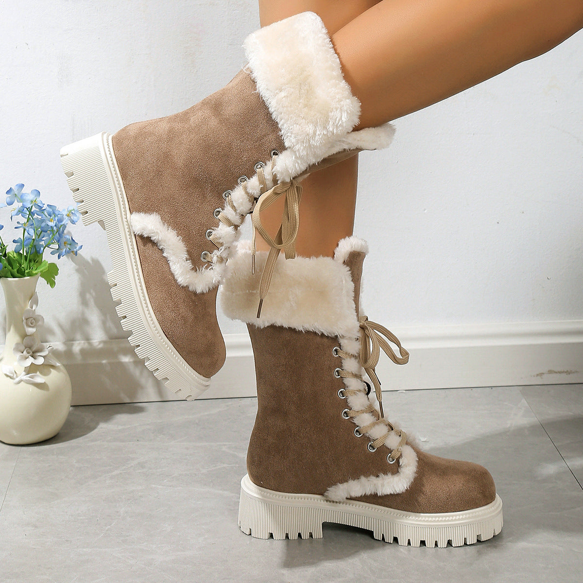 Winter Lace-up Snow Boots For Women Mid-Tube Fleece Shoes Warm Chunky Heels Plush Boot