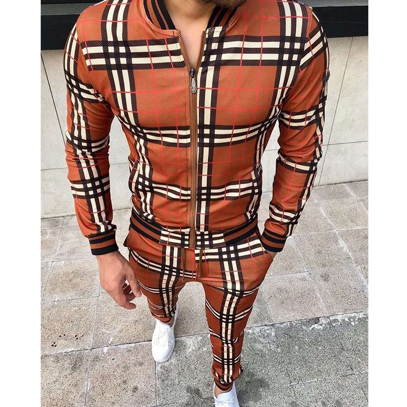 New Men's Leisure Suits Tracksuits Men Grid Two-Piece Patchwork Zipper Tracksuits Small Leg Trouser Sportswear New Man Sets