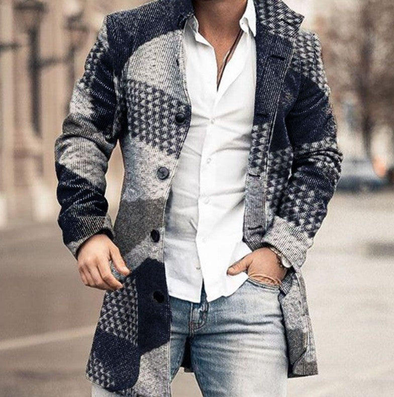 New Men's Woolen Stand Collar Mid-Length Casual Coat with Pockets