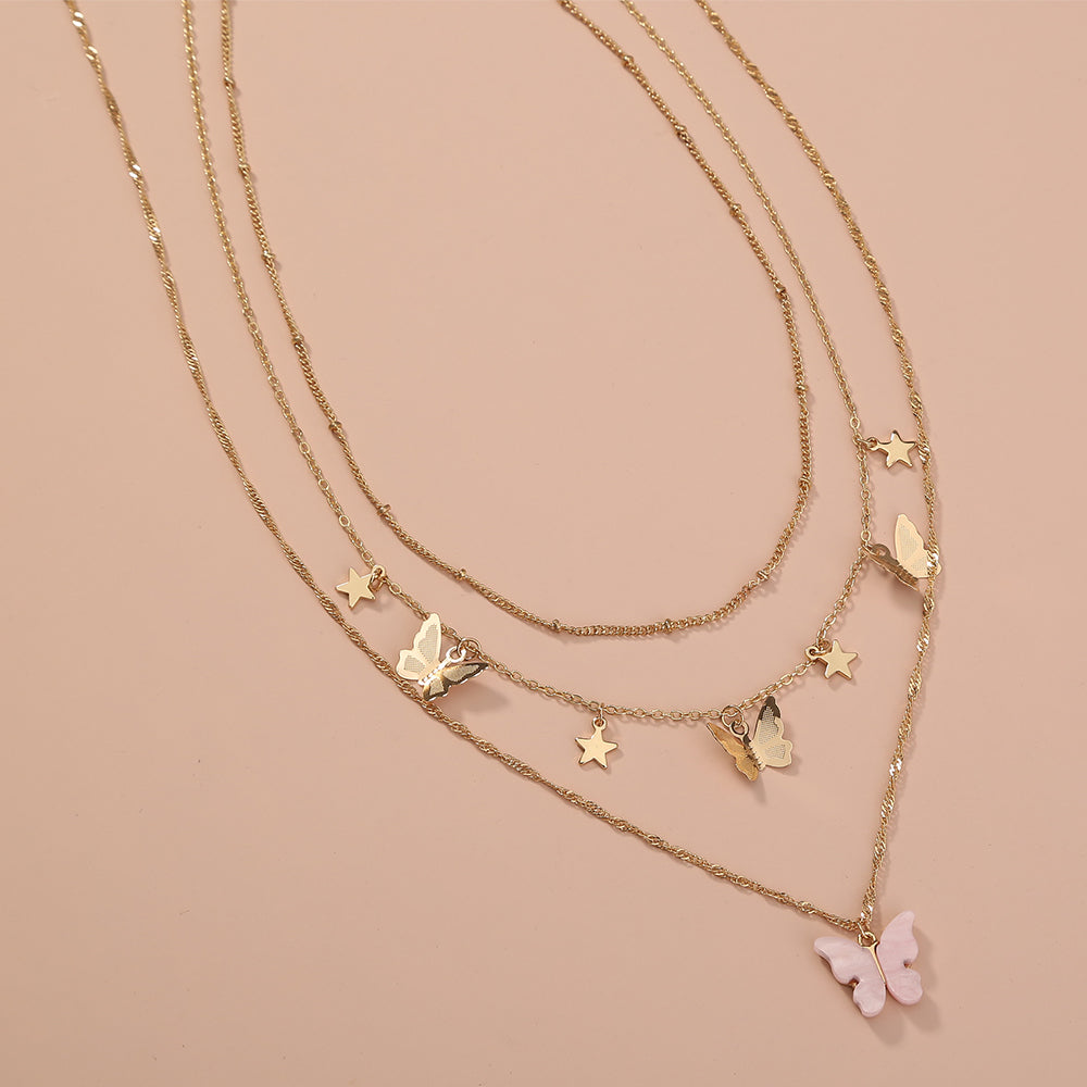 Simple Temperament Net Red Multi-Layer Butterfly Three-Layer Necklace Female South Korea Metal Star Multi-Layer Necklace INS Clavicle Chain