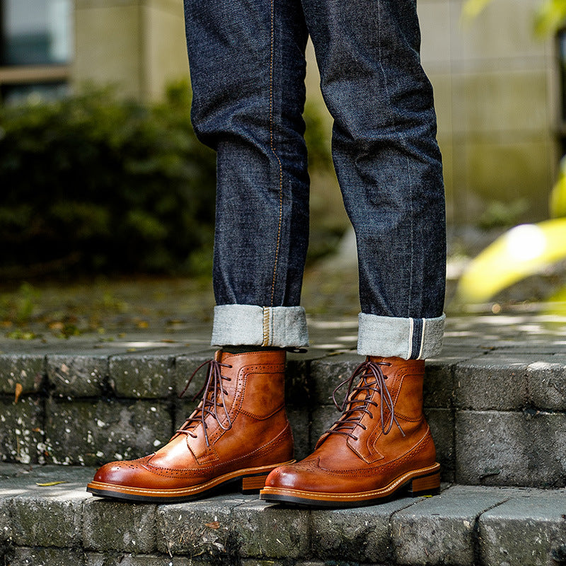 Men's High-Top Casual Cowhide Round Toe Leather Boots
