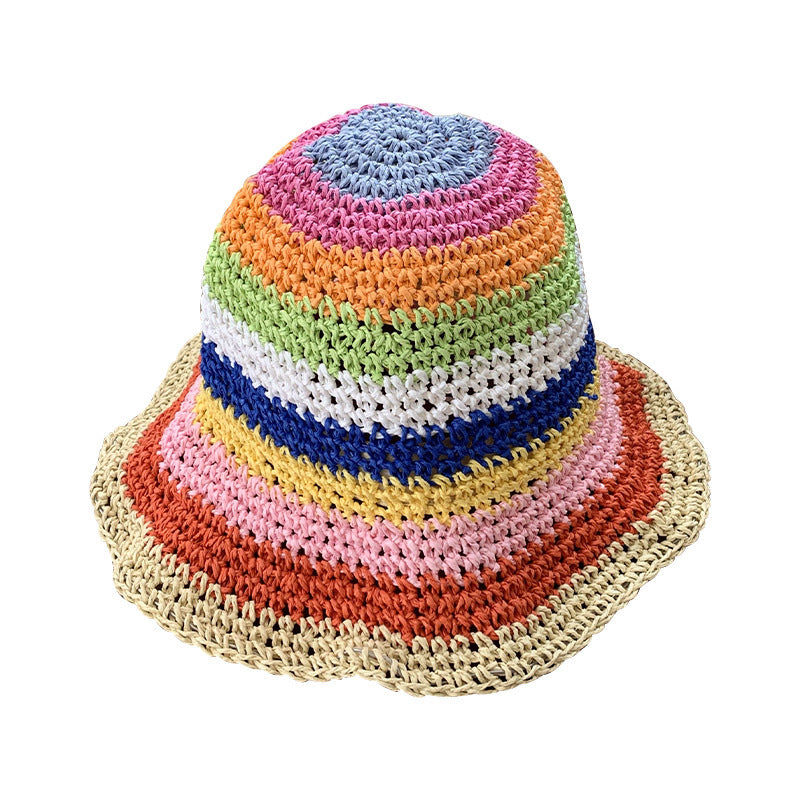 Rainbow Straw Bucket Hat Women's Summer Breathable Sun-Proof Sun Protection