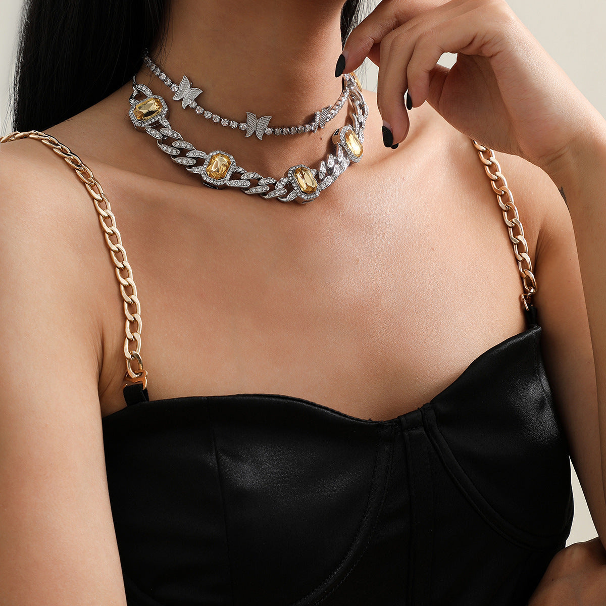 Women's Jewelry Exaggerated Diamond-Studded Cuban Buckle Necklace