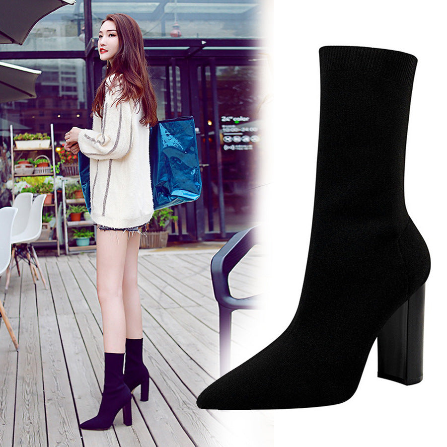 Sexy High-Heeled Pointed Toe Wool Ankle Boots