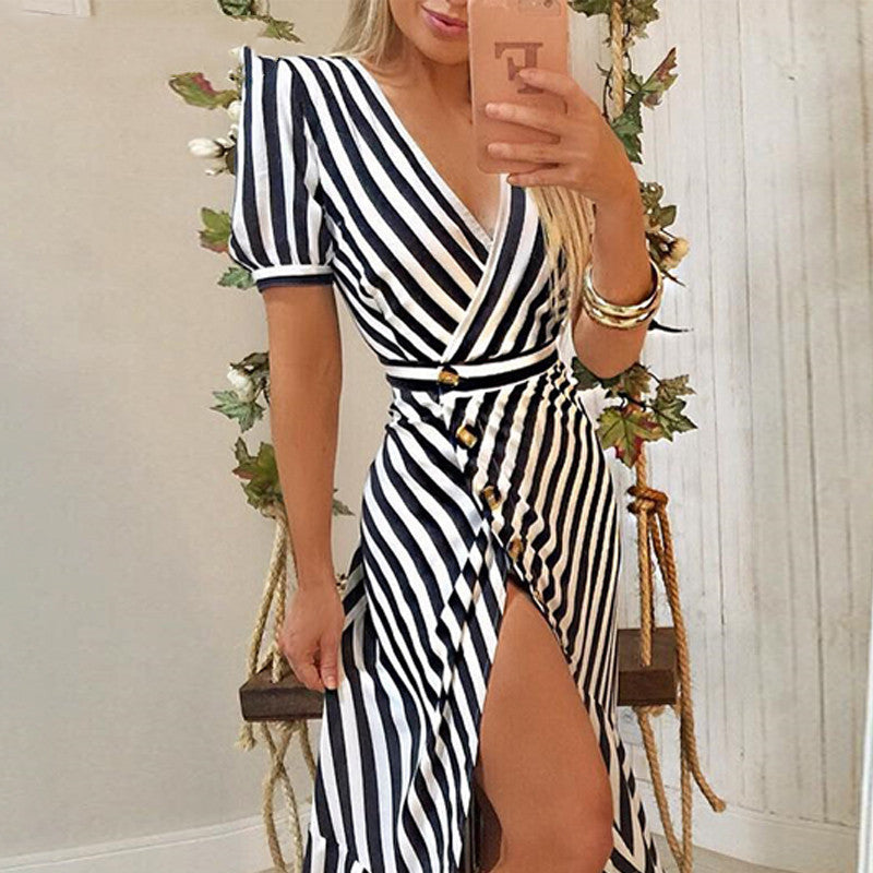 Striped Deep V High Slit Cake Skirt Long Skirt