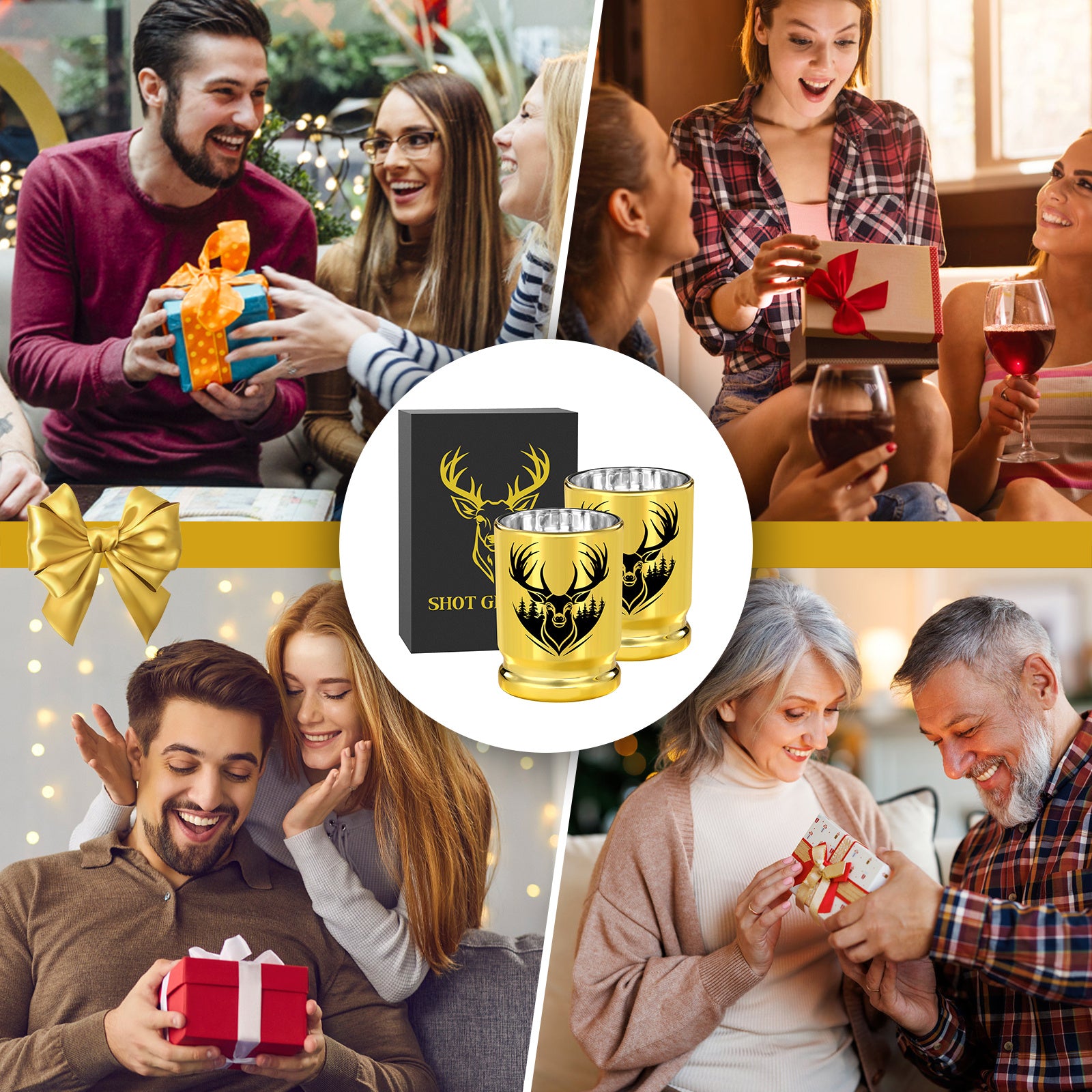 2pcs 50 Caliber Deer Head Golden Plastic Wine Glasses With Gift Box - Leak Proof, Reusable - Stylish Animal Print Design, Suitable For Whiskey, Tequila, Etc