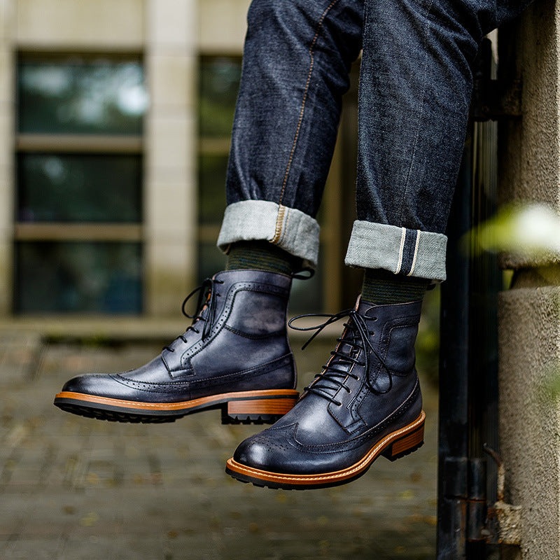Men's High-Top Casual Cowhide Round Toe Leather Boots