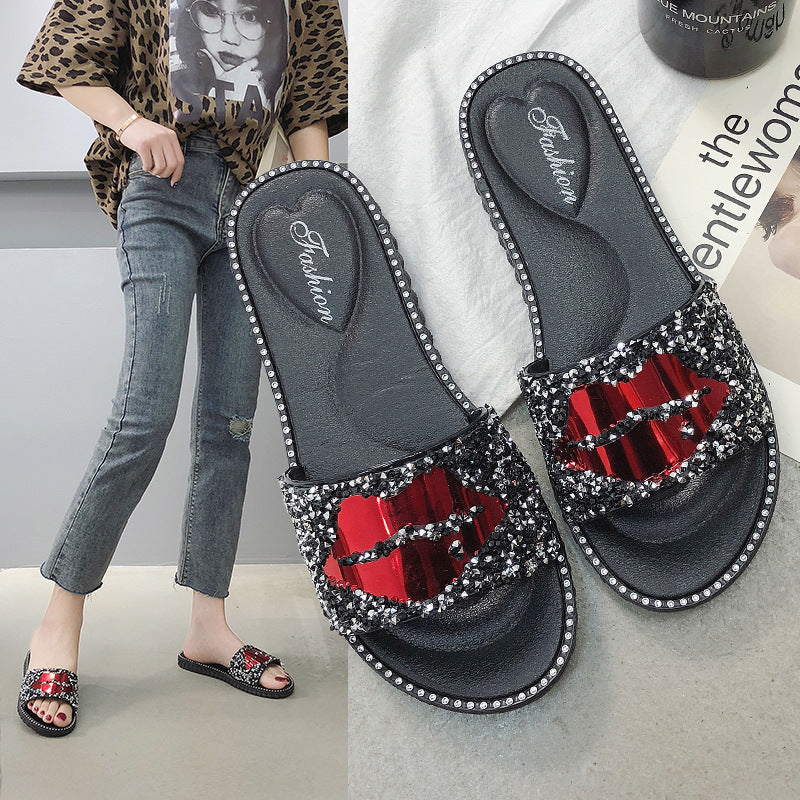 Lip Rhinestone Slippers