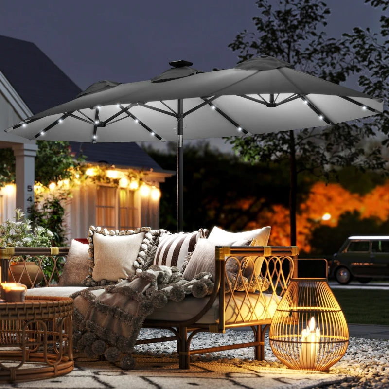 Double-sided Patio Umbrella, 9.7' Outdoor Umbrella With Tilt And Crank, LED Solar Light And 12 Ribs, Gray