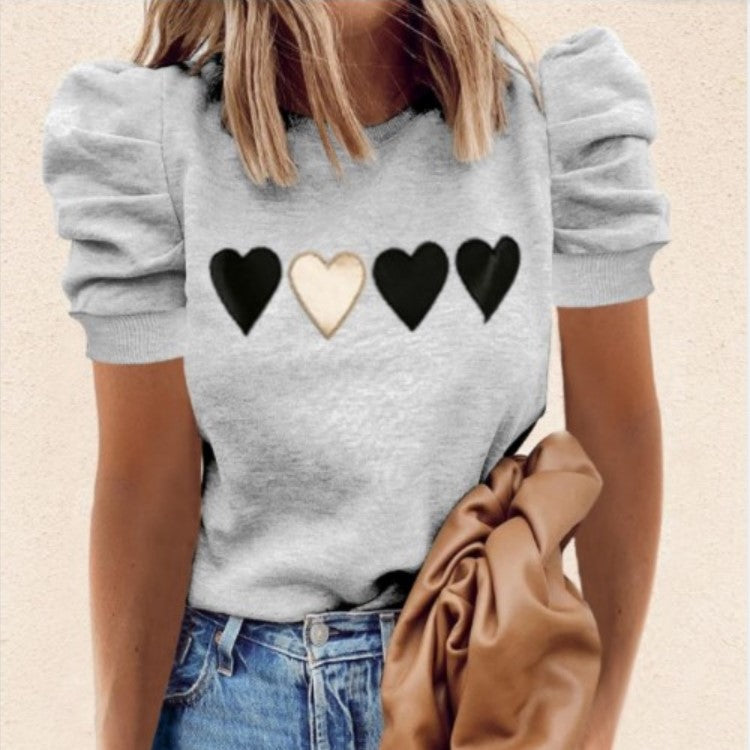 Round Neck Print Short Sleeve Puff Sleeve Fashion All-Match T-Shirt