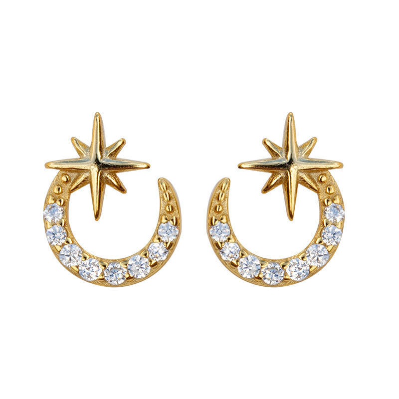 S925 Sterling Silver Super Fairy Moon Moon Star Diamond Stud Earrings