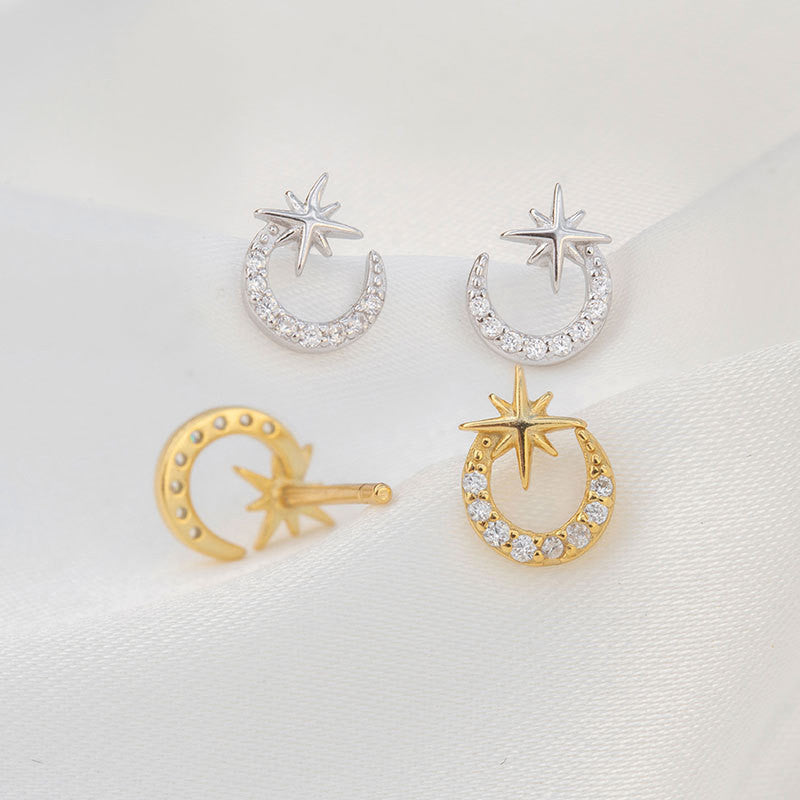 S925 Sterling Silver Super Fairy Moon Moon Star Diamond Stud Earrings