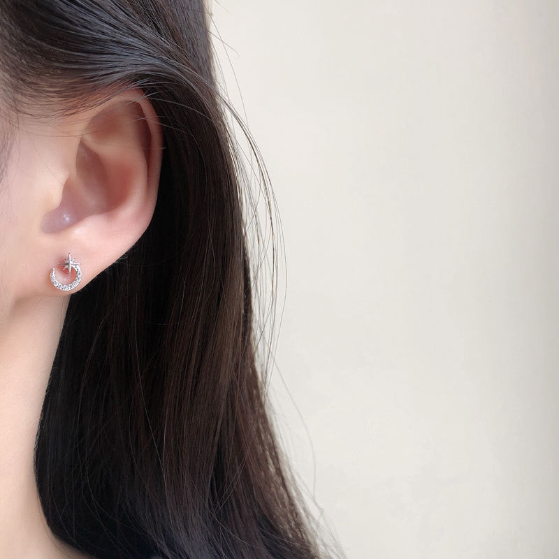 S925 Sterling Silver Super Fairy Moon Moon Star Diamond Stud Earrings
