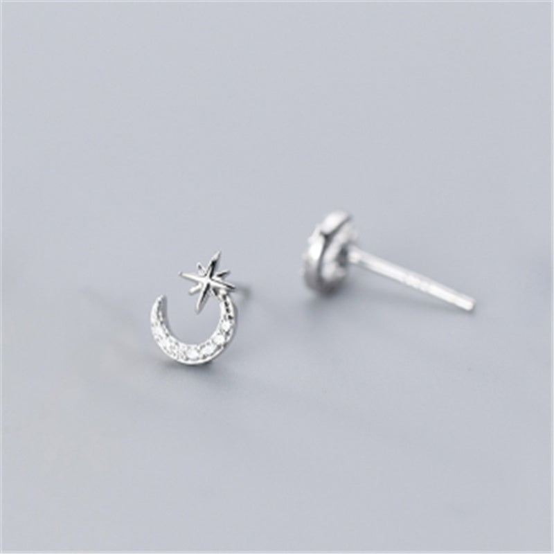 S925 Sterling Silver Super Fairy Moon Moon Star Diamond Stud Earrings