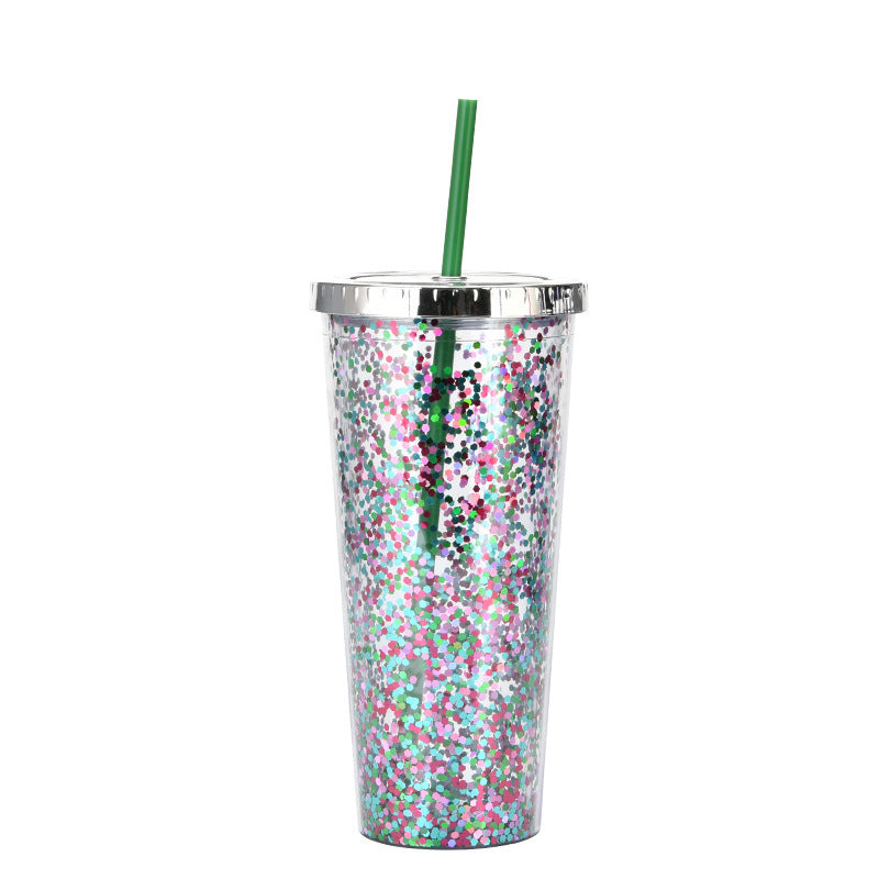 Creative Color Sequins Cup Straw Cold Cup with Lids and Straws Mug Plastic Straight Cup