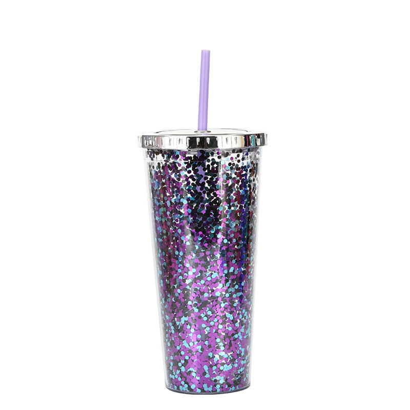 Creative Color Sequins Cup Straw Cold Cup with Lids and Straws Mug Plastic Straight Cup