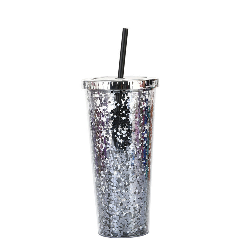 Creative Color Sequins Cup Straw Cold Cup with Lids and Straws Mug Plastic Straight Cup
