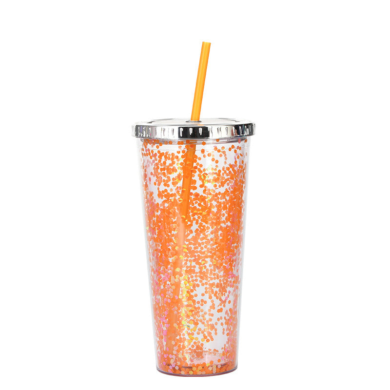 Creative Color Sequins Cup Straw Cold Cup with Lids and Straws Mug Plastic Straight Cup