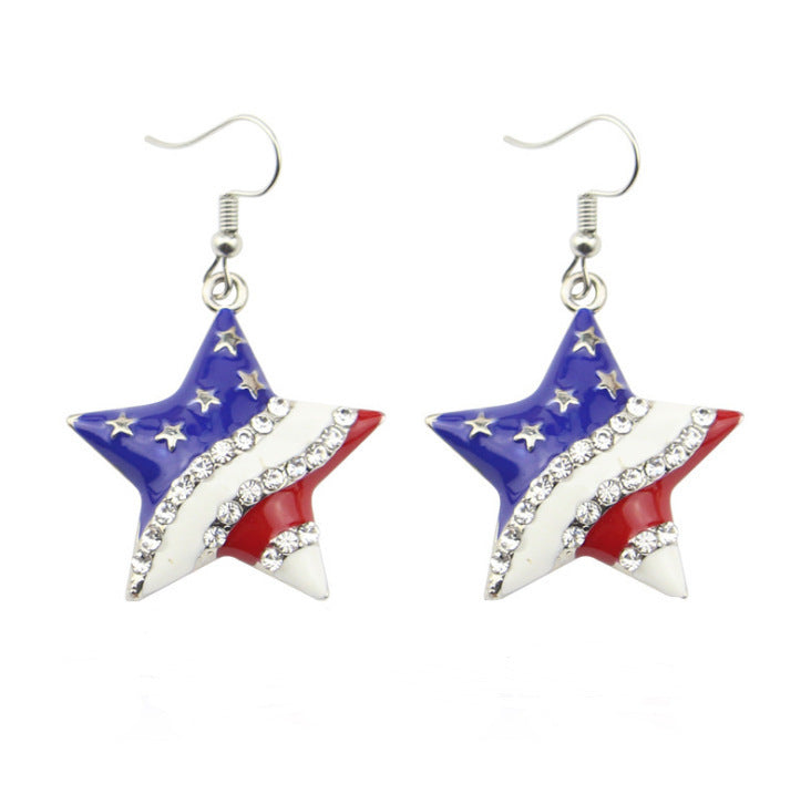 American Jewelry Flag Five-Pointed Star Diamond Earrings Net Red Temperament Earrings