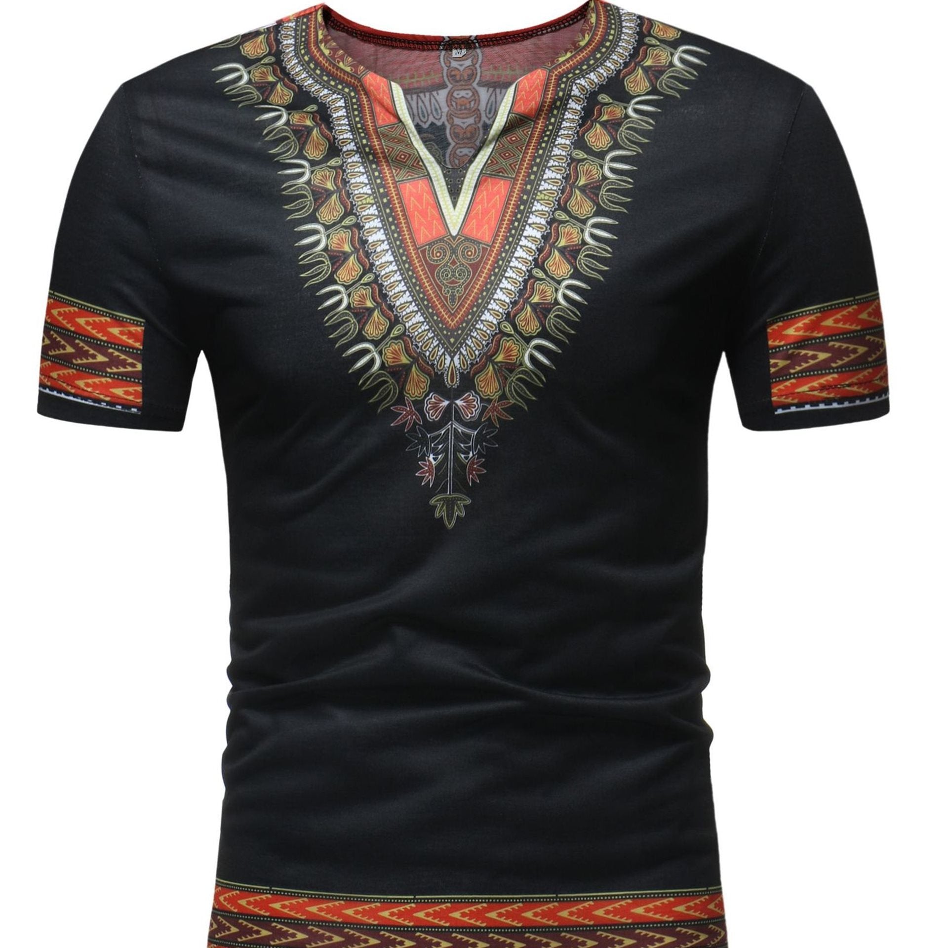 African Ethnic Print Short-Sleeved V-Neck T-Shirt