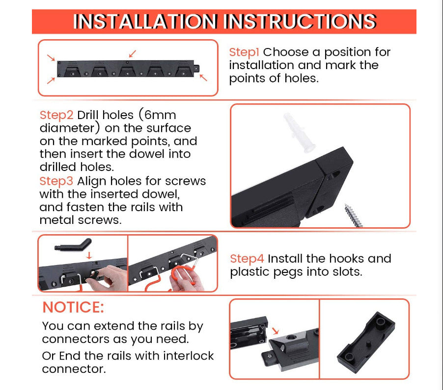 Wall Mount Hanger Garage Tool Organizer Heavy Duty Rack Metal Decorative Multi-Tools Storage Hooks with Screws And 5 Hooks