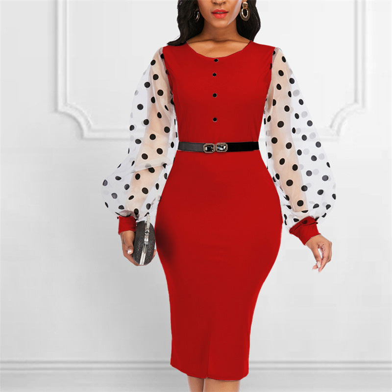 Round Neck Stitching See-Through Long-Sleeved Hip Skirt