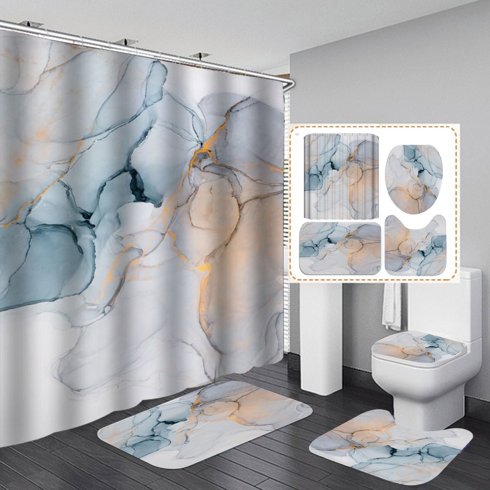 Beautiful Modern Shower Curtains 3D Bathroom Curtain Set Anti-Slip Bath Mat Soft Carpet Water Absorption Rugs Home Decoration