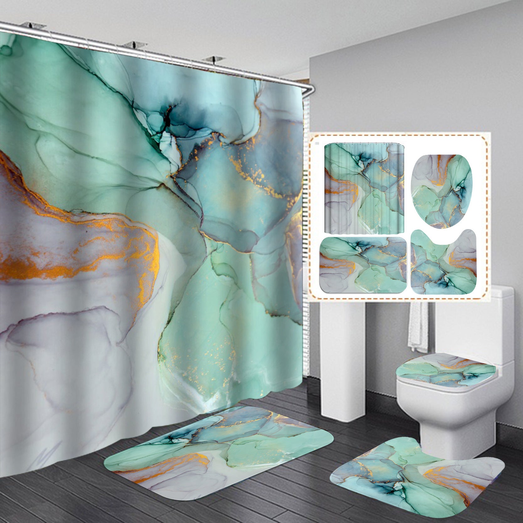 Beautiful Modern Shower Curtains 3D Bathroom Curtain Set Anti-Slip Bath Mat Soft Carpet Water Absorption Rugs Home Decoration